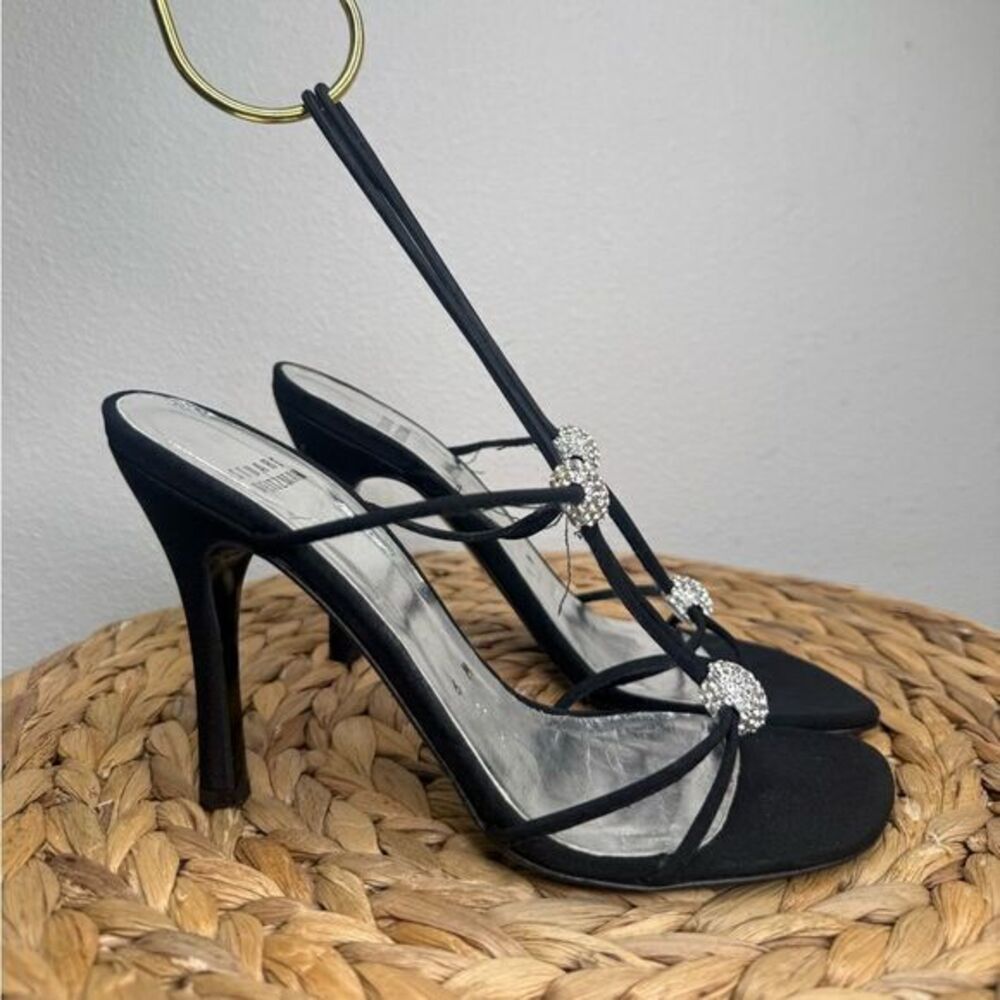 Stuart Weitzman Heel Sling Back Crystal Embellished Fabric Sandals Heels Black